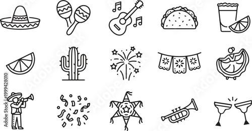 Mexican fiesta icon set with traditional food drink music celebration symbols editable stroke outline vector collection for cultural design