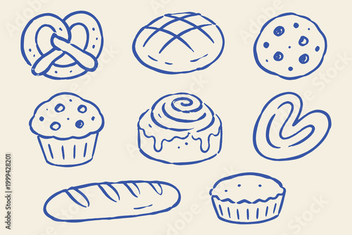 Bakery bread pastry set naive sketch vector illustration