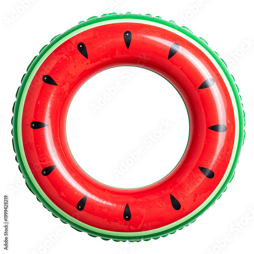 top view of inflatable buoy ring with watermelon color and pattern isolated on white