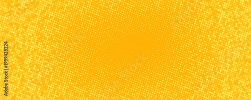 Yellow orange halftone background. Retro comic gradient background. Square pixilated dots cartoon texture. Pop art faded gradient pattern. Vector backdrop.