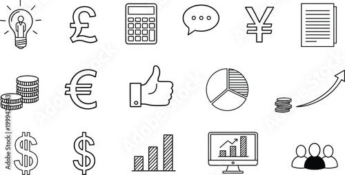 Black and white business and finance icon collection featuring currency symbols, charts, teamwork, communication, innovation, and digital analytics illustration