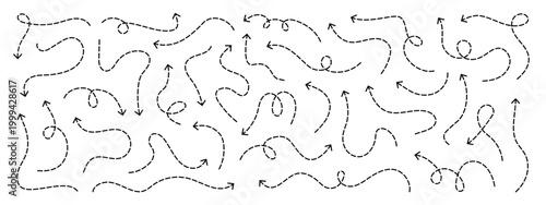 Set of squiggle line dashed arrows. Dash curved vector editable stroke arrows
