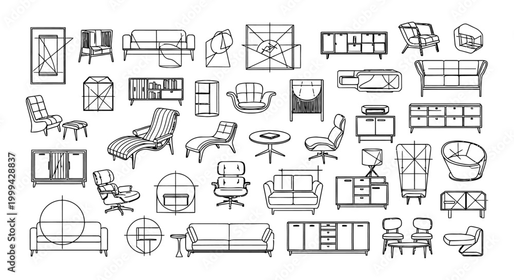 Fototapeta premium collection of architectural furniture line drawings for interior design blueprints