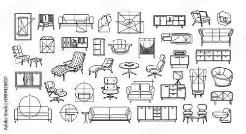 collection of architectural furniture line drawings for interior design blueprints