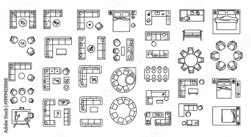 collection of interior design furniture elements and floor plan symbols in top-down view