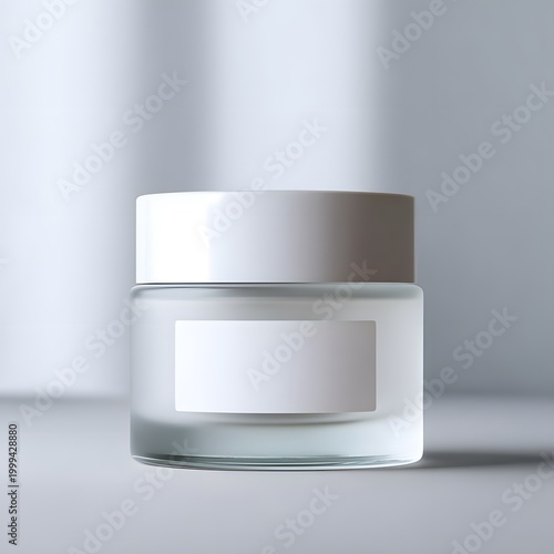 A clear glass jar with a white lid and a blank label sits on a clean surface
