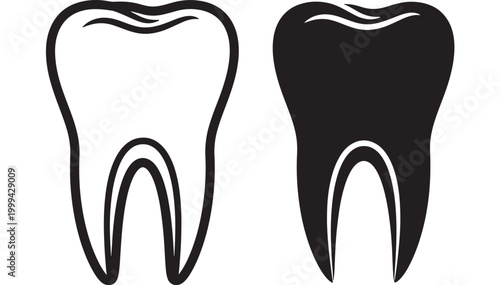 Tooth icon set with black outline, white interior, and mirrored dental shape silhouette featuring dentistry, oral hygiene, gum line with orthodontics