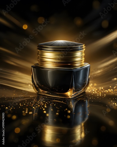 Elegant black jar with gold accents and shimmering light reflections