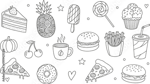 Hand drawn food and drink doodle set featuring pizza slices burgers donuts coffee cake and fruit in a whimsical black line art style for menus and creative design