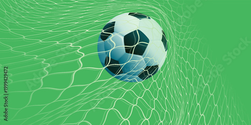 Soccer ball hitting the net and scoring a goal. Background for posters, social media, sports advertisements, football-related content, and tournament campaigns.