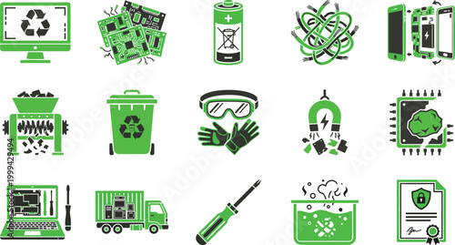 E waste recycling icons and electronics repair tools