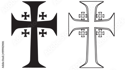 Cross glyph set with geometric black and outline white forms, including symmetrical Maltese cross symbols