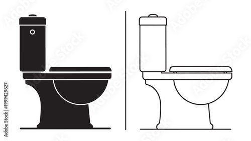 Toilet and toilet tank outline icons with paper roll and brush vector design for bathroom cleaning concept