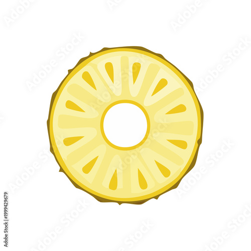 Top view of a fresh pineapple slice with yellow flesh and textured rind