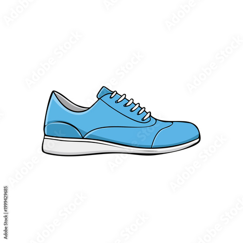 Illustration of a blue leather oxford style sneaker with white laces and sole