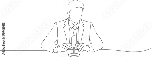 Man speaking into microphone continuous line art.  Editable thin outline. Simple contour art. Clean line art  Vector illustration