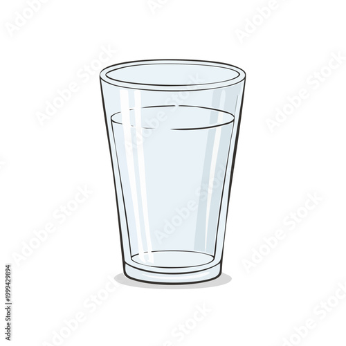 Clear glass filled with clean water with light blue tint and simple line drawing outline
