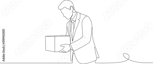 Businessman holding box after job loss or moving office continuous line drawing. Simple outline editable stroke. Artwork with thin line Vector illustration