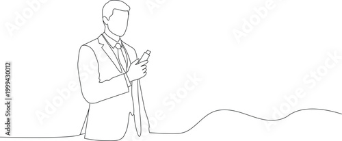 Man in suit holding smartphone continuous line drawing. Simple outline editable stroke. Minimal line width Vector illustration