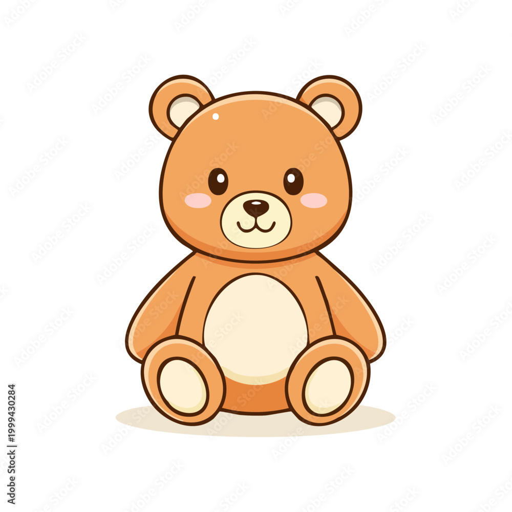 Obraz premium Adorable cartoon brown teddy bear with rosy cheeks and round ears sitting patiently, simple and cute toy illustration