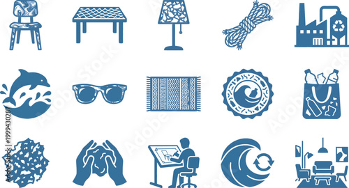 Ocean plastic furniture design and recycling icons