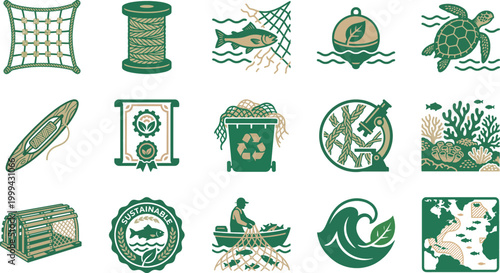 Biodegradable fishing nets and sustainable gear icons