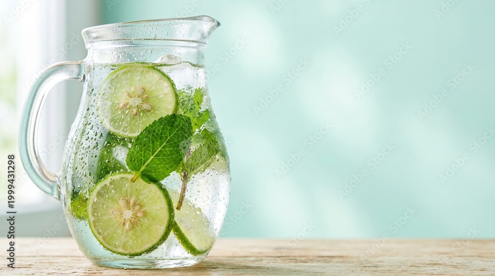 Fototapeta premium Refreshing glass pitcher of detox water with lime slices, fresh mint, and ice cubes. Cold infused water on a wooden table with soft morning light and copy space for a summer wellness concept. 