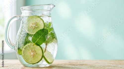 Refreshing glass pitcher of detox water with lime slices, fresh mint, and ice cubes. Cold infused water on a wooden table with soft morning light and copy space for a summer wellness concept.
