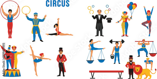 Circus Performers and Show Elements Set in Flat Style, Collection of Acrobats, Clowns, Ringmaster, Strongman, Lion and Carnival Entertainment Vector Illustration