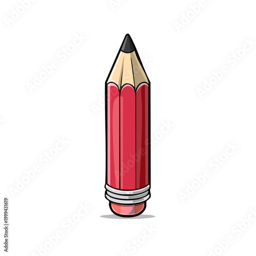 Sharp red pencil with black tip and eraser detail isolated on white background