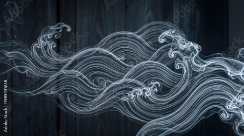 Abstract smoke patterns with wave-like design against a black wooden background