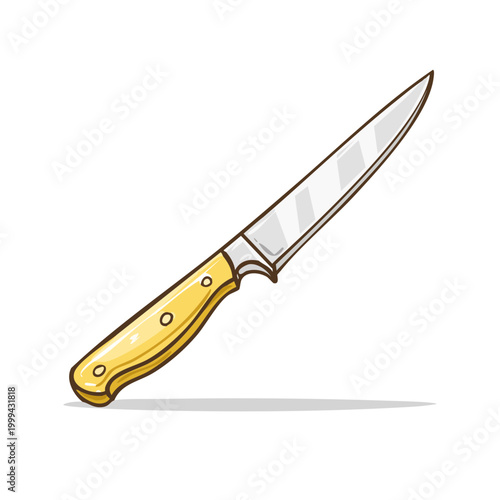 Sharp stainless steel kitchen knife with a yellow handle, illustration style