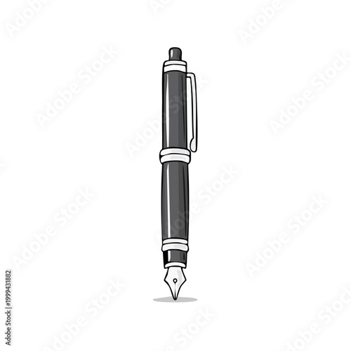 Elegant black fountain pen with a silver clip and nib in a clean illustration style