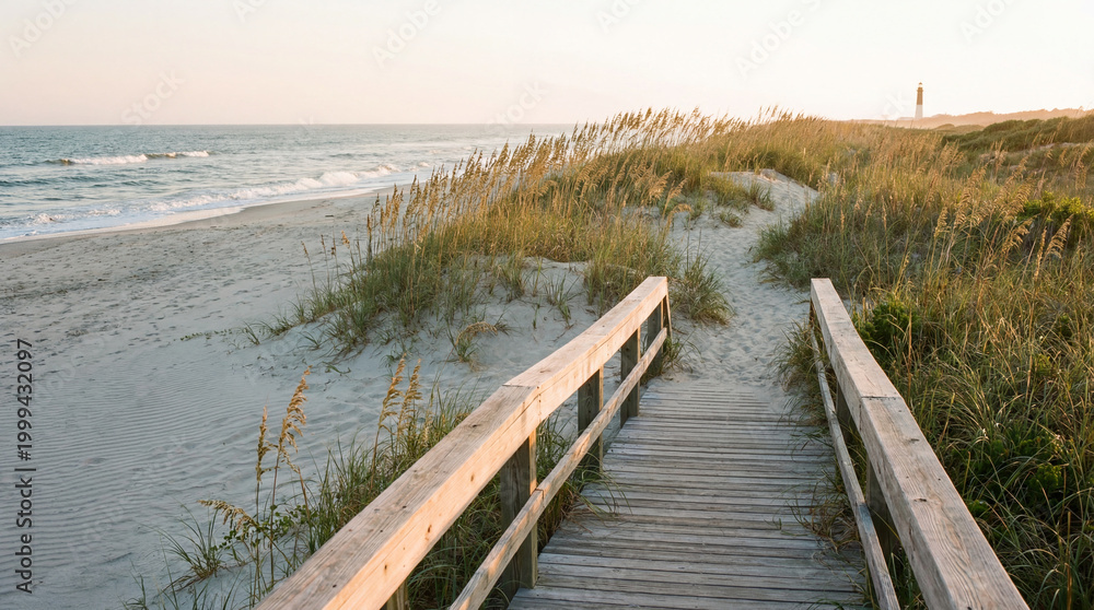 Fototapeta premium Seashore pathway weaving through dunes with gentle surf and subtle sand ripples peaceful coastal minimalism