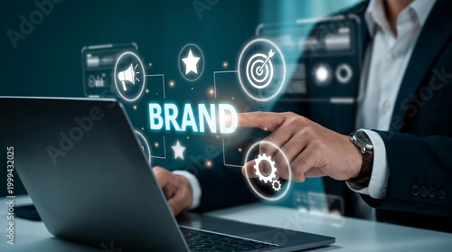 Businessman interacting with digital brand marketing interface on laptop branding strategy, corporate identity, and digital advertising concept with icons for target, megaphone, and gears
