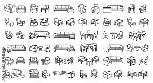 collection of sofa and armchair outlines for interior design plans