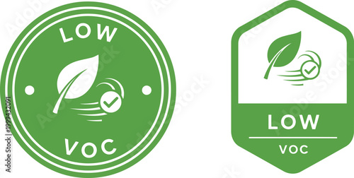 Low VOC eco-friendly certification badge icons with green leaf and check mark for sustainable products