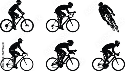 Cyclist silhouettes set with road bike riders in dynamic racing and training positions isolated