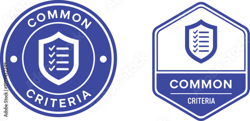 Blue Common Criteria Badge Icons with Shield and Checklist for Certification and Security Standards