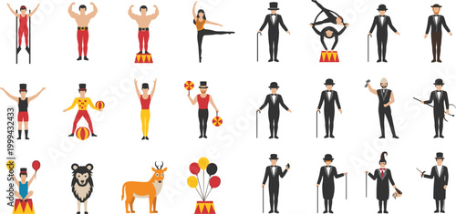 Circus Characters and Performers Set in Flat Style, Collection of Strongman, Ringmaster, Acrobats, Animals and Vintage Carnival Show Vector Illustration