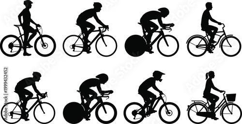 Cycling silhouettes set with various bicycle riders including road racing commuting and time trial positions