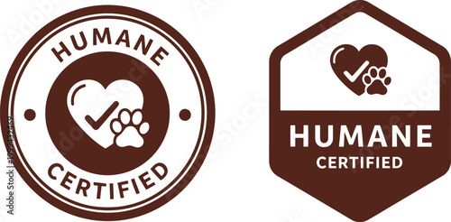Humane Certified Badge Icons with Heart, Paw Print, and Check Mark for Animal Welfare Labels
