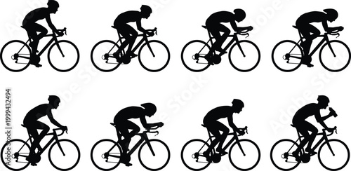 Road cycling silhouettes set with athletes in aerodynamic racing positions on bicycles isolated background