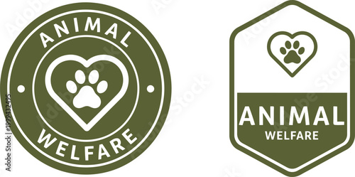 Animal Welfare Badge Icons with Heart and Paw Print for Pet Care and Charity Organizations