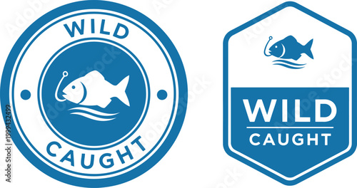 Wild Caught Fish Label Badge Set – Blue Seafood Certification Icon for Packaging and Branding