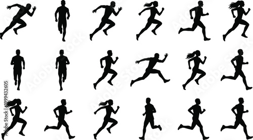 Running silhouettes collection set of male athletes in dynamic sprinting poses isolated on light background