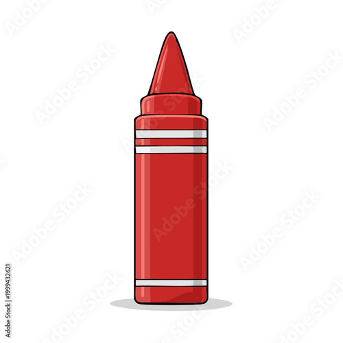 Bright Red Crayon With White Stripes and Pointed Tip Isolated on White Background
