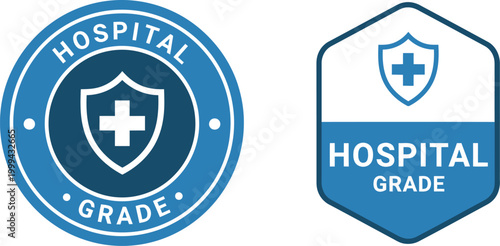 Hospital Grade Badge Icons with Shield and Cross Symbol for Medical Certification and Healthcare Safety