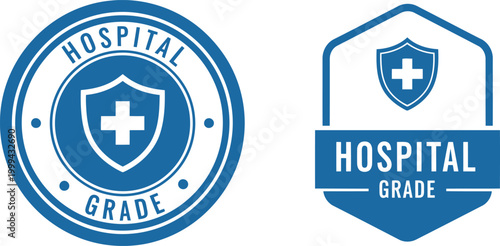 Blue Hospital Grade Badge Icons with Medical Cross and Shield for Healthcare Certification Labels