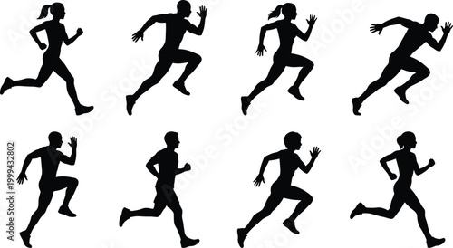 Running silhouettes set of men and women sprinting athletes isolated on white background